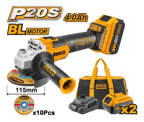 Amoladora 20v P20s 2 Bat Cargador Discos Y Bolso Ingco
