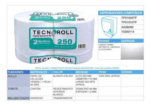 Papel Toalla Jumbo 250 Mts X 2 Unidades Hoja Simple