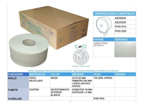 Papel Higiénico Jumbo Por Caja 12 Rollos 500 M Ecologico