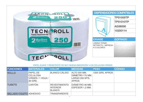 Toalla Papel Jumbo 250 Mt X 2 Rollos Tecnoroll Hoja Simple
