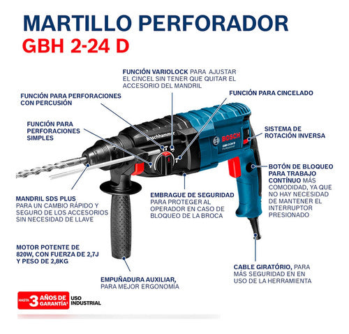 Martillo Perforador Demoledor Gbh 2-24 D 820w + Llaves