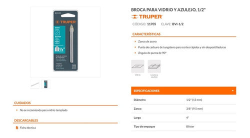 Broca Para Vidrio-azulejo-ceramica Truper 1/2 # Bvi-1/2