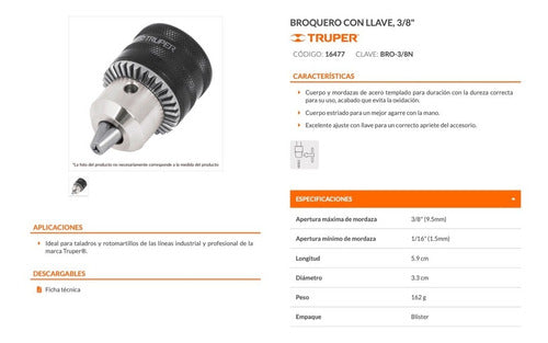 Portabroca Truper 3/8 C/llave Hilo Unf # Bro-3/8n