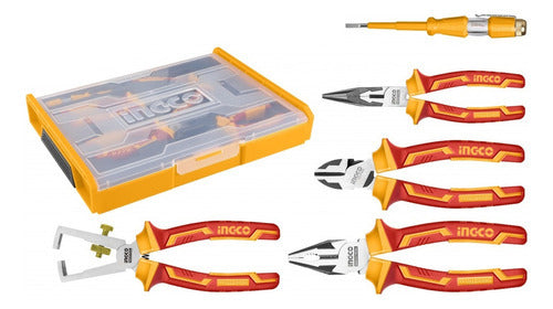 Set Ingco Hktv01p051 Herramientas Para 1000v Industrial Contiene 5 Piezas Alicates Y Caja Organizadora Color Amarillo/ro