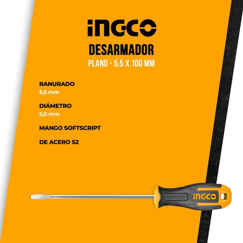 Desarmador Plano Comfort Grip Estándar Ingco 5.5 X 100 Mm