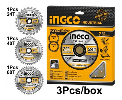 Disco Corte Madera Jgo.3 Pzas.7 1/4  24 T, 40 T, 60 T Ingco