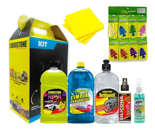 Kit Limpieza Auto Shampoo Silicona Aroma + 4 Paños + 8 Pinos