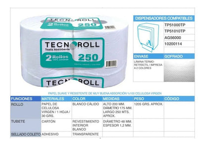 Toalla Papel Jumbo 250 Mt X 2 Rollos Tecnoroll Hoja Simple