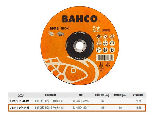 Pack 10 Discos De Corte Bahco 4 1/2 X 1mm Inox Made In Italy