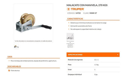 Tecle Truper De Manivela  270 Kgs  Sin Cable