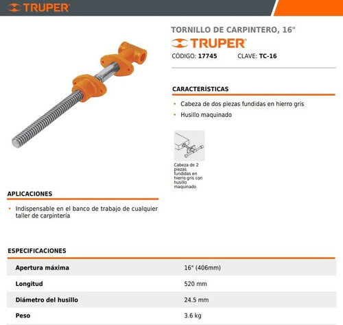 Tornillo Para Banco Carpintero Truper De 16''