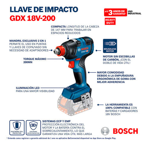 Llave De Impacto Inalámbrico Bosch Gdx 18v-200 18v Sb