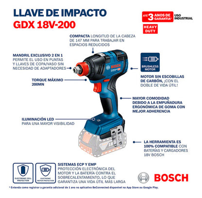 Llave De Impacto Inalámbrico Bosch Gdx 18v-200 18v Sb