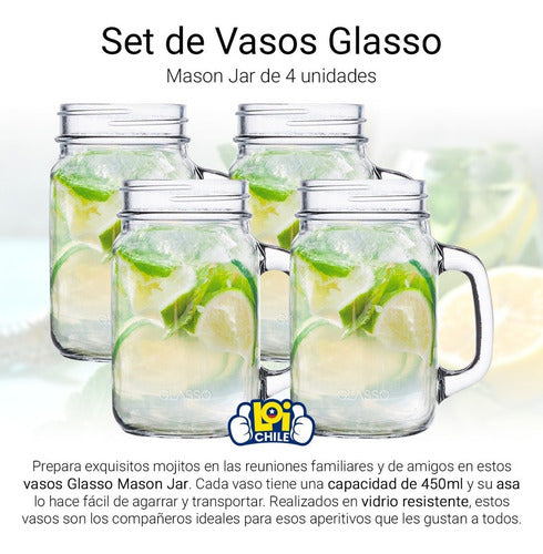 Set 4 Vasos Jarras Mason Jar Glasso 450ml Mojito Aperitivos