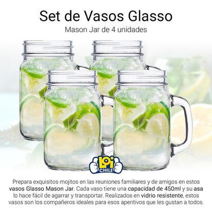 Set 4 Vasos Jarras Mason Jar Glasso 450ml Mojito Aperitivos