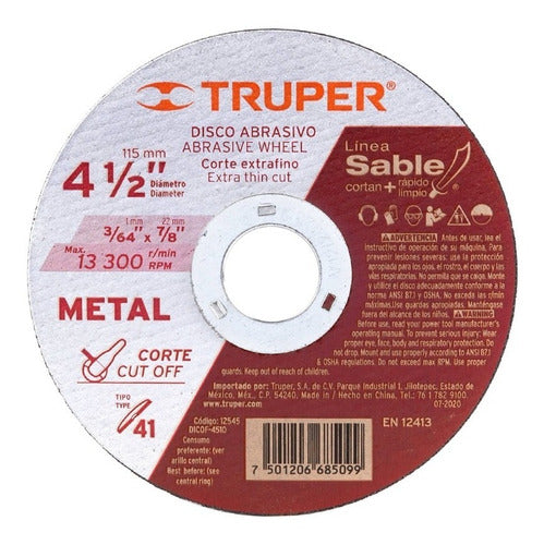 Disco Cortar Truper Corte Metal 4.1/2  Caja 10 Piezas