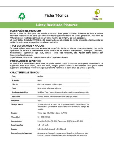 Latex Reciclado Pinturec Extracu Blanco Andino 1g