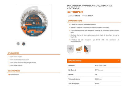 Sierra Circular Truper P/madera 8.1/4 X24 Dts.