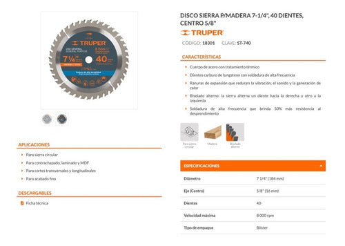 Sierra Circular Truper P/madera 7.1/4 X40 Dts.
