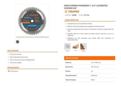 Sierra Circular Truper P/madera 7.1/4  X 16 Dts