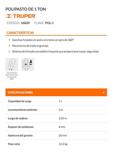 Tecle Truper Cadena 1 Ton X 3 Mts # Pol-1  (poli-1)