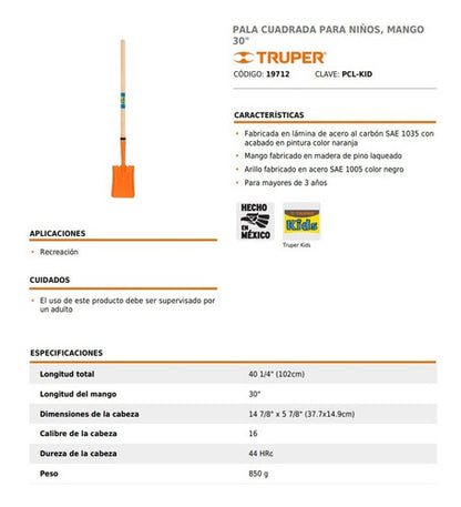 Pala Truper Cuadrada P/niños C/mango Mad 30