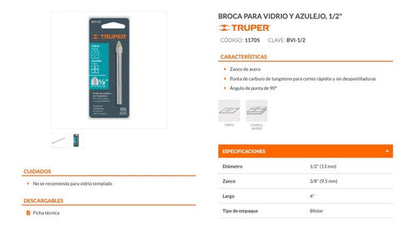 Broca Para Vidrio-azulejo-ceramica Truper 1/2  # Bvi-1/2