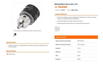 Portabroca Truper 3/8  C/llave Hilo Unf # Bro-3/8n