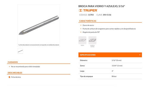 Broca Para Vidrio-azulejo-ceramica Truper 5/16  # Bvi-5/16
