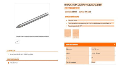 Broca Para Vidrio-azulejo-ceramica Truper 5/16  # Bvi-5/16