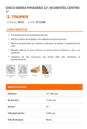 Sierra Circular Truper P/madera 12  X 40 Dts.
