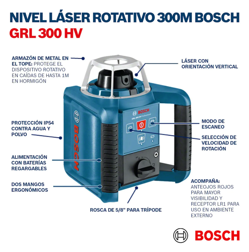 Nivel láser giratorio Bosch GRL 300 HV, 300 Mts con Maletín
