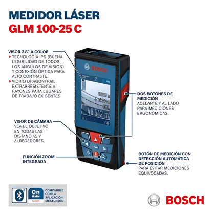 Medidor Láser Bosch Glm 100-25 C Alcance 100m Con Bluetooth