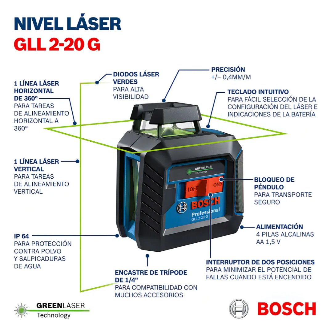 Nivel Láser Verde De Líneas Cruzadas Bosch Gll 2-20 G 10m + Trípode Bt 150