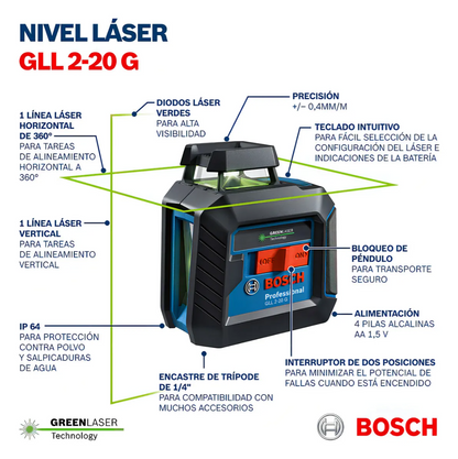 Nivel Láser Verde De Líneas Cruzadas Bosch Gll 2-20 G 10m + Trípode Bt 150