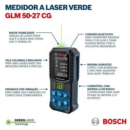 Medidor Láser Verde Bosch Glm 50-27 Cg Con Bluetooth